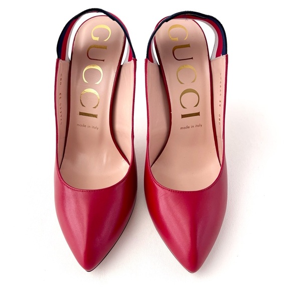 New GUCCI | Sylvie Web Stripe Slingback Red Leather Pointed Pumps EU 39 US 9 - Picture 3 of 16